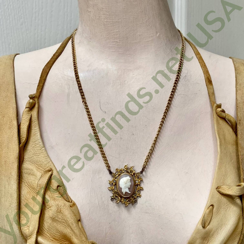 Vintage Gold Filled Cameo Necklace Paste Rhinestones Necklaces
