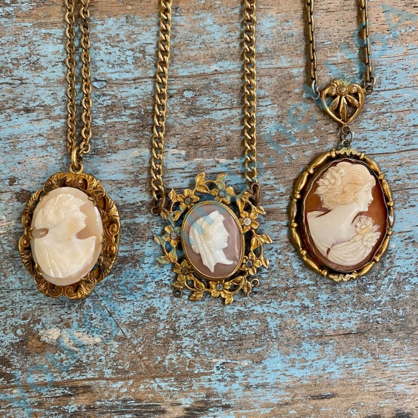 Vintage Gold Filled Cameo Necklace Paste Rhinestones Necklaces