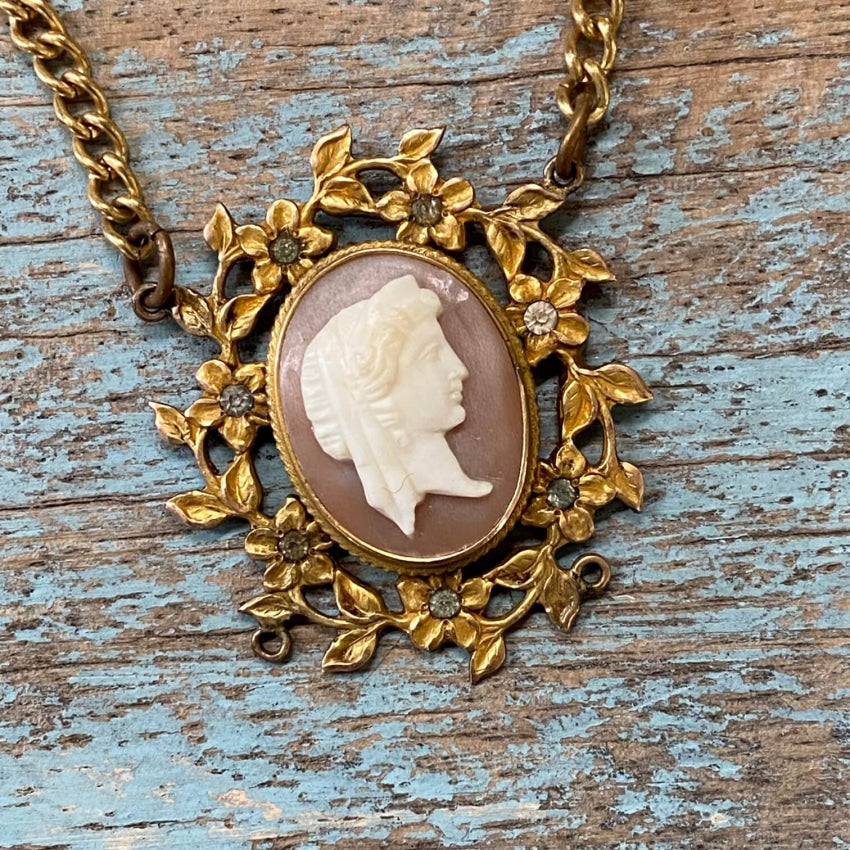 Vintage Gold Filled Cameo Necklace Paste Rhinestones Necklaces