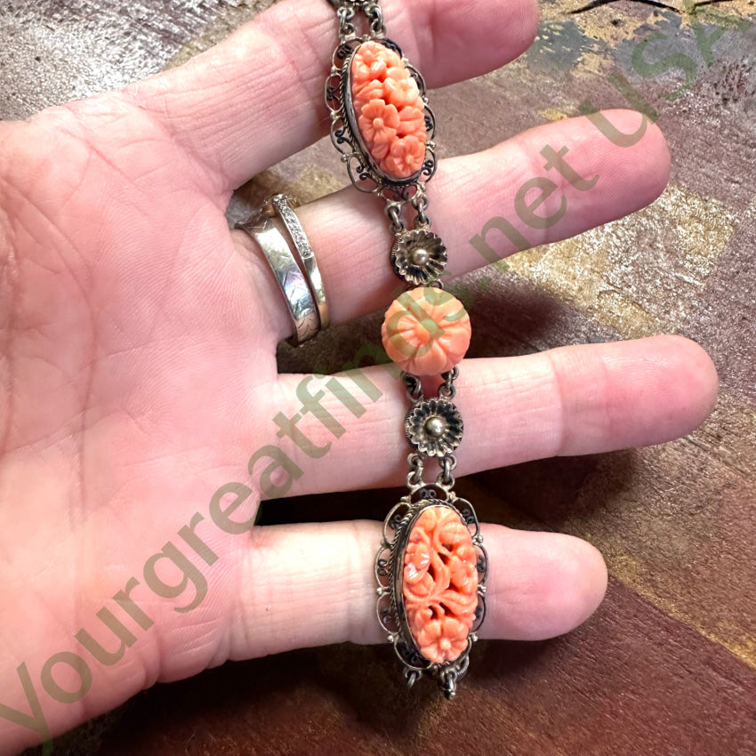 Vintage Gold Over Sterling Silver Filigree Carved Coral Bracelet Bracelet