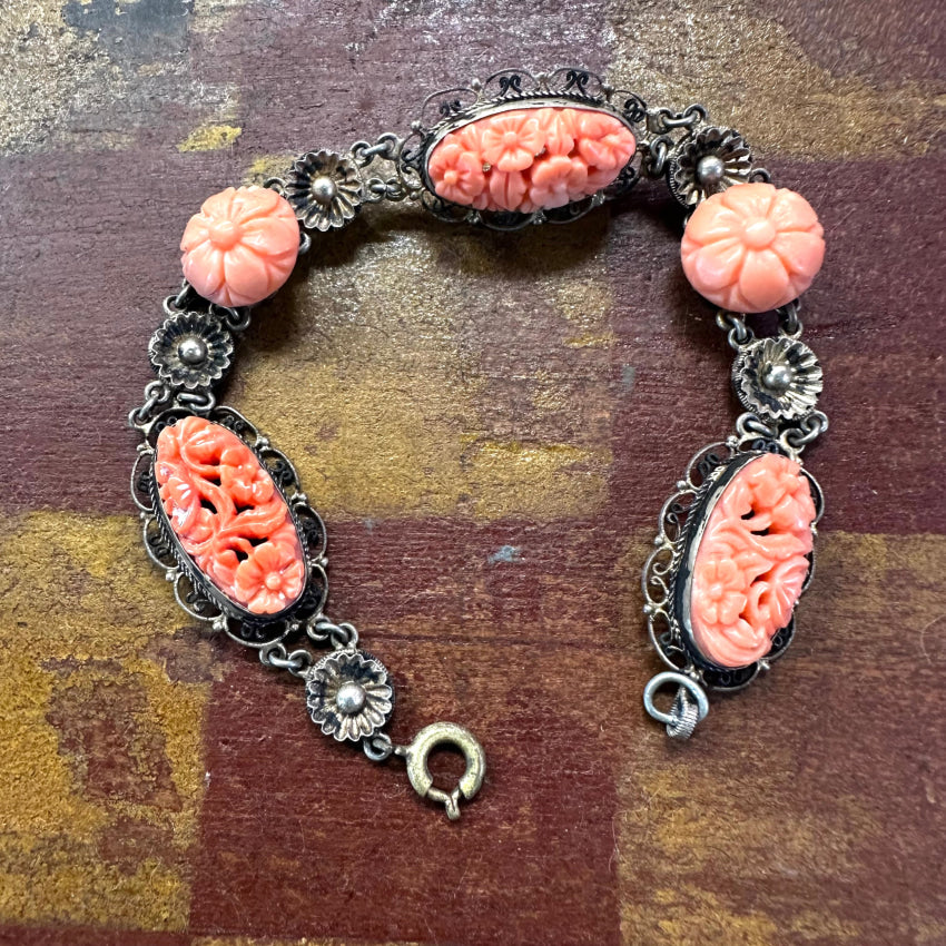 Vintage Gold Over Sterling Silver Filigree Carved Coral Bracelet Bracelet