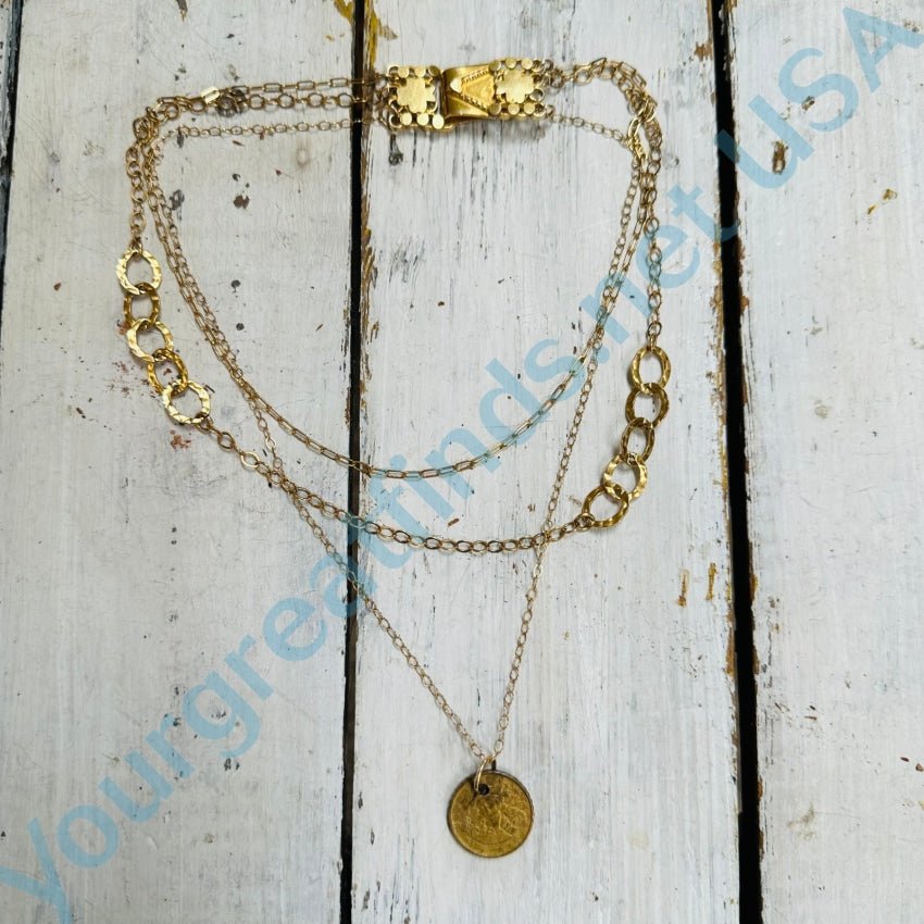 Vintage Gold Over Sterling Silver Triple Chain Necklace Coin