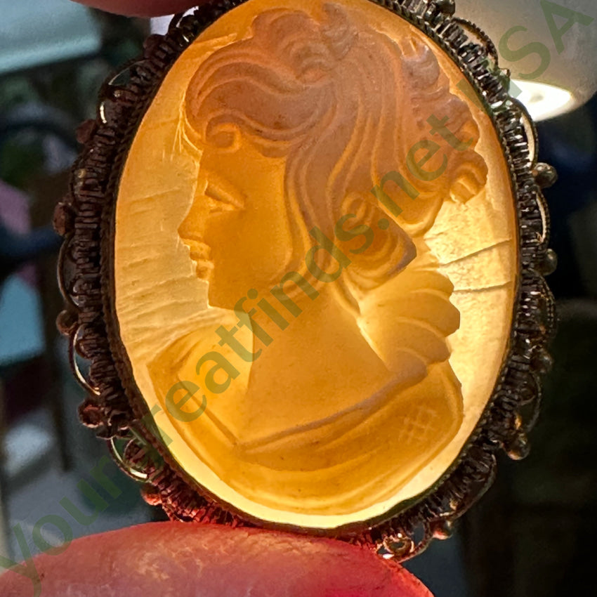 Vintage Gold Washed 800 Silver Filigree Shell Cameo Pin Pendant