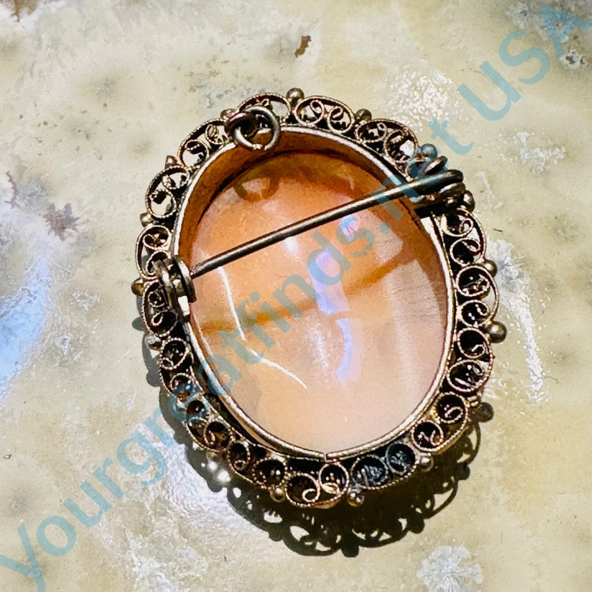 Vintage Gold Washed 800 Silver Filigree Shell Cameo Pin Pendant