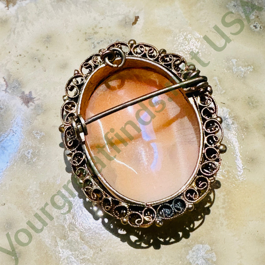 Vintage Gold Washed 800 Silver Filigree Shell Cameo Pin Pendant