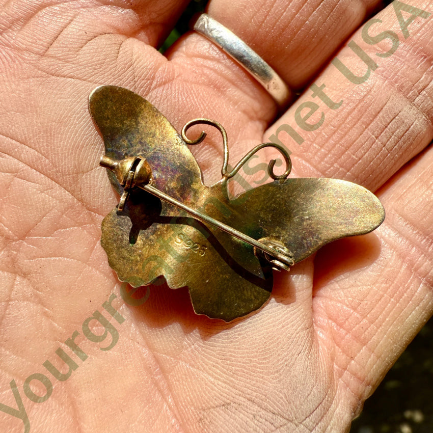 Vintage Gold Washed GUilloched Enamel Butterfly Pin S925 pin