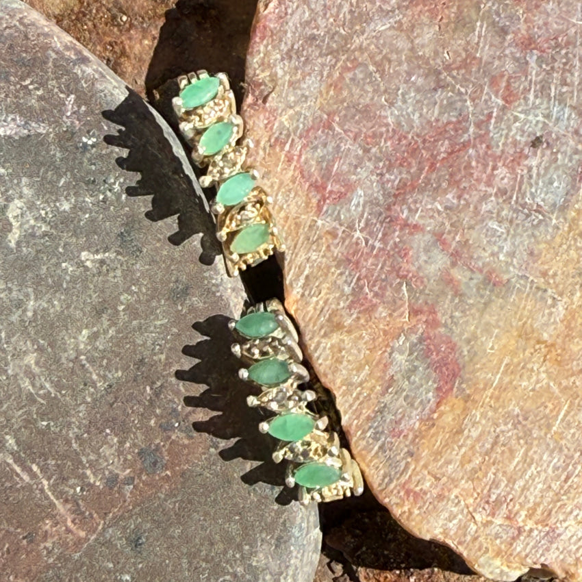 Vintage Gold Washed Sterling Silver Diamond & Emerald Pierced Earrings Earrings