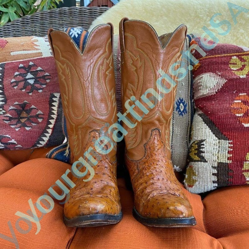 Vintage Golden Brown Ostrich and Cowhide Western Cowboy Boots Yourgreatfinds