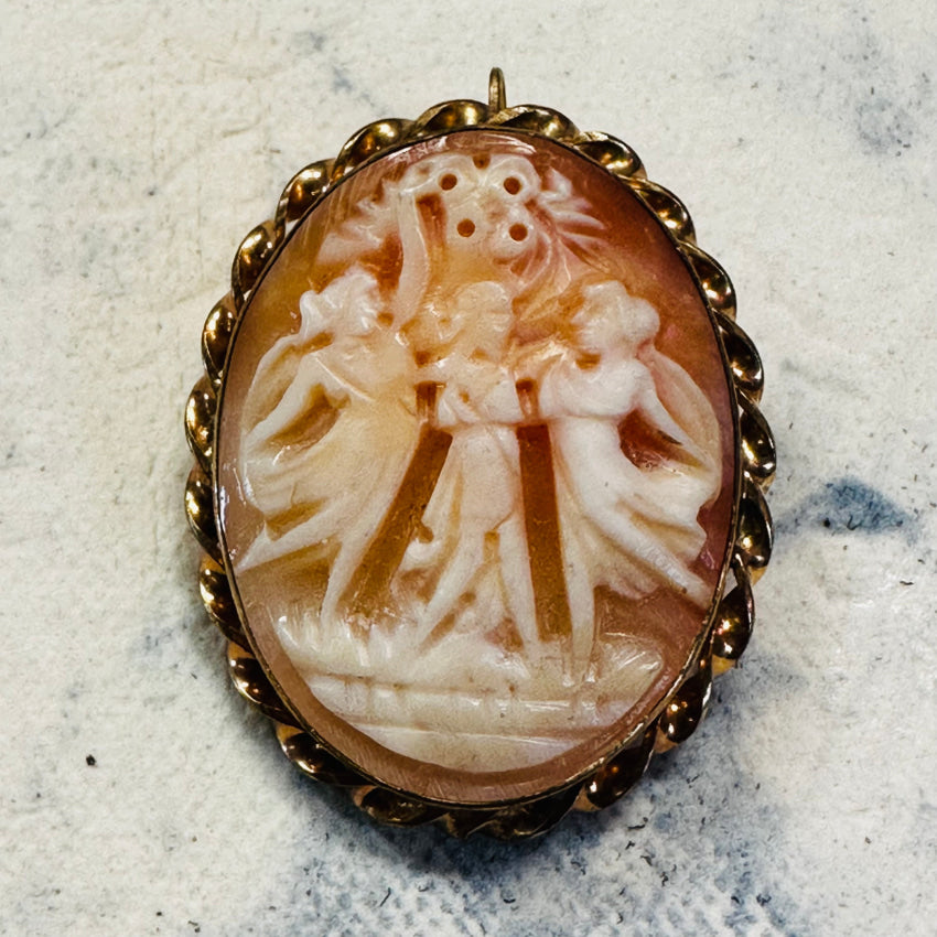 Vintage Goldtone Carved Shell 3 Muses Cameo Pendant Brooch Pendant/ Brooch