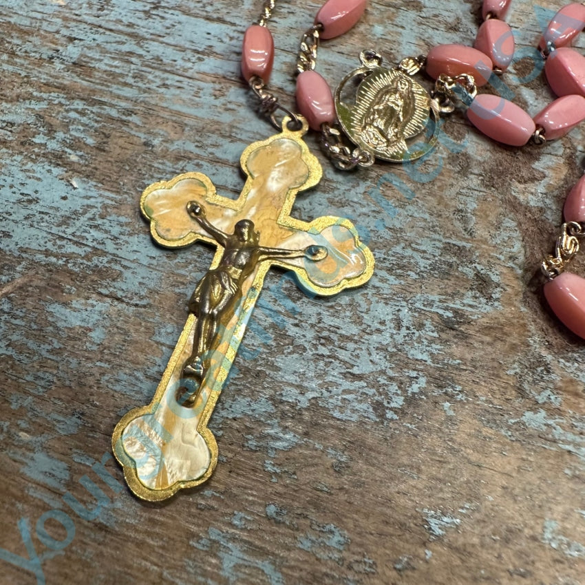 Vintage Goldtone Pink Glass Bead Rosary
