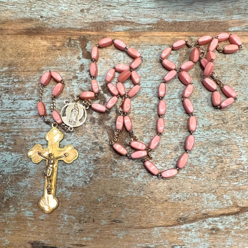 Vintage Goldtone Pink Glass Bead Rosary