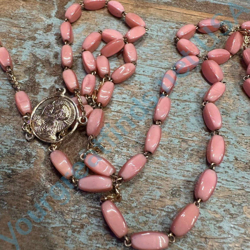 Vintage Goldtone Pink Glass Bead Rosary