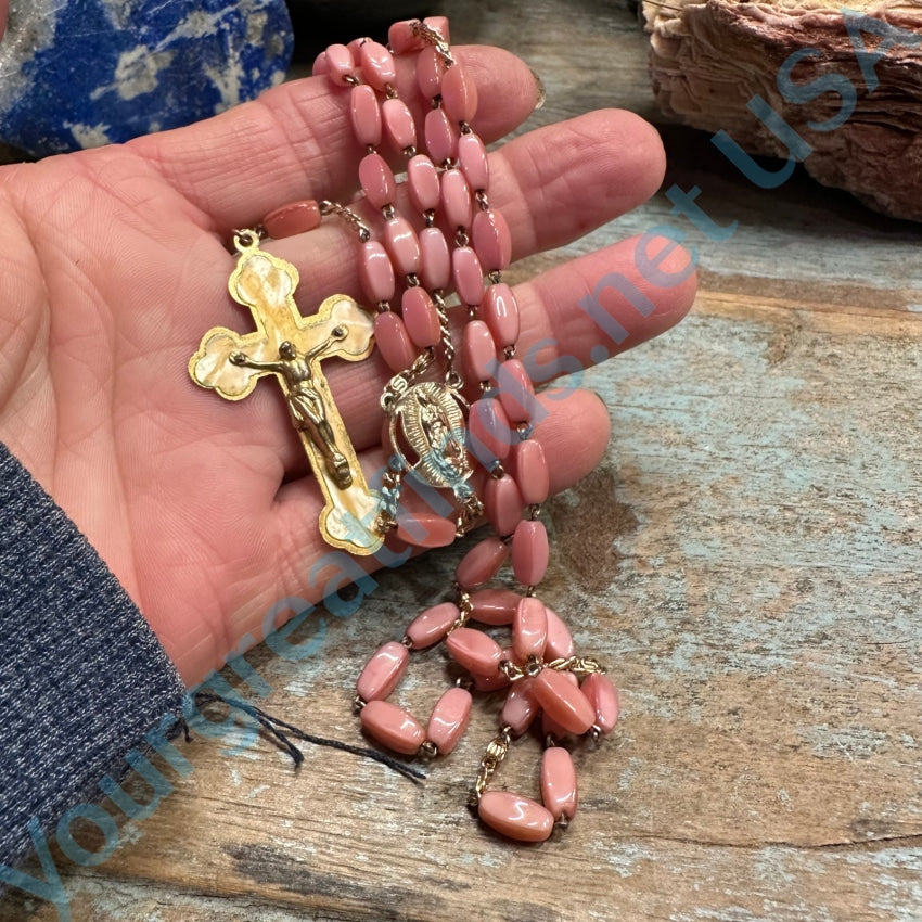 Vintage Goldtone Pink Glass Bead Rosary