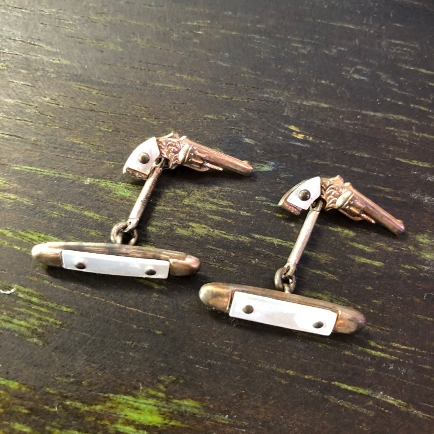 Vintage Goldtone Six Shooter & Switchblade Mother-Of-Pearl Cufflinks Cufflinks