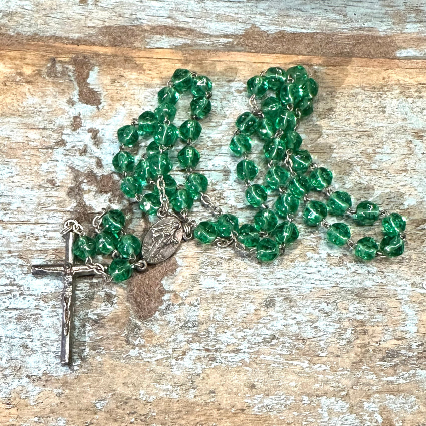 Vintage Green Faceted Glass Bead Rosary