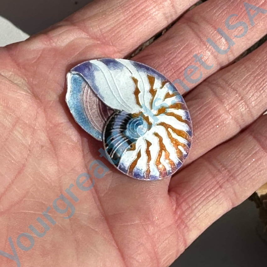 Vintage Guilloche Enamel Cloisonné Nautilus Shell Pin