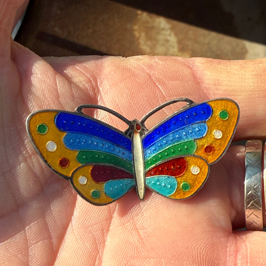 Vintage Guilloche Enamel Sterling Silver Butterfly Pin pin