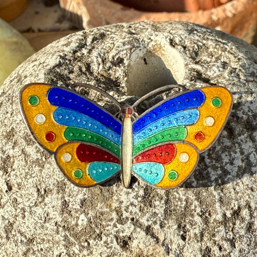 Vintage Guilloche Enamel Sterling Silver Butterfly Pin pin