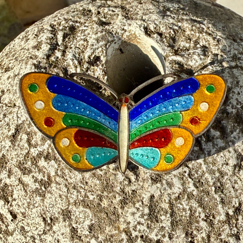 Vintage Guilloche Enamel Sterling Silver Butterfly Pin pin