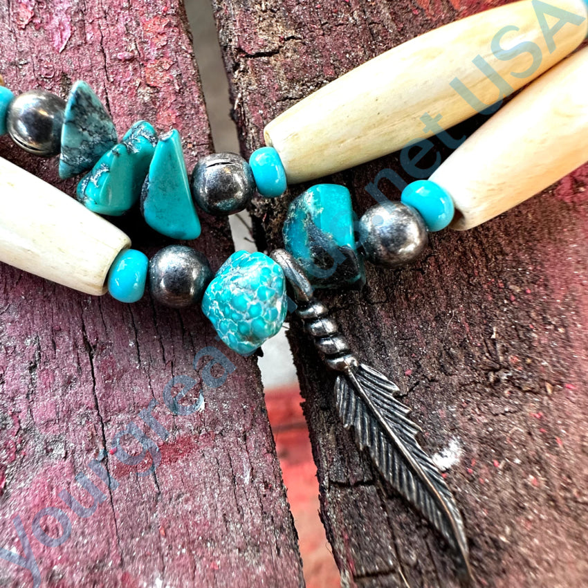 Vintage Hairpipe Bead Turquoise & Leather Choker Necklace Necklace