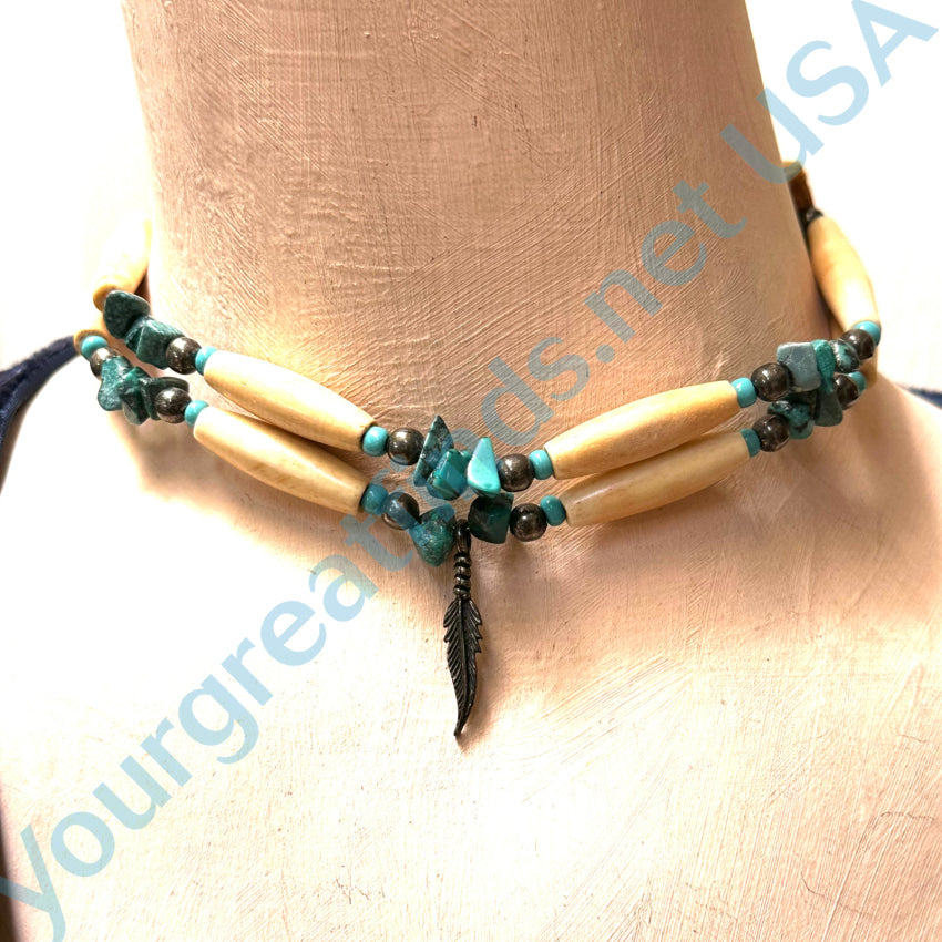 Native American long bone bead leather and turquoise necklace 2024