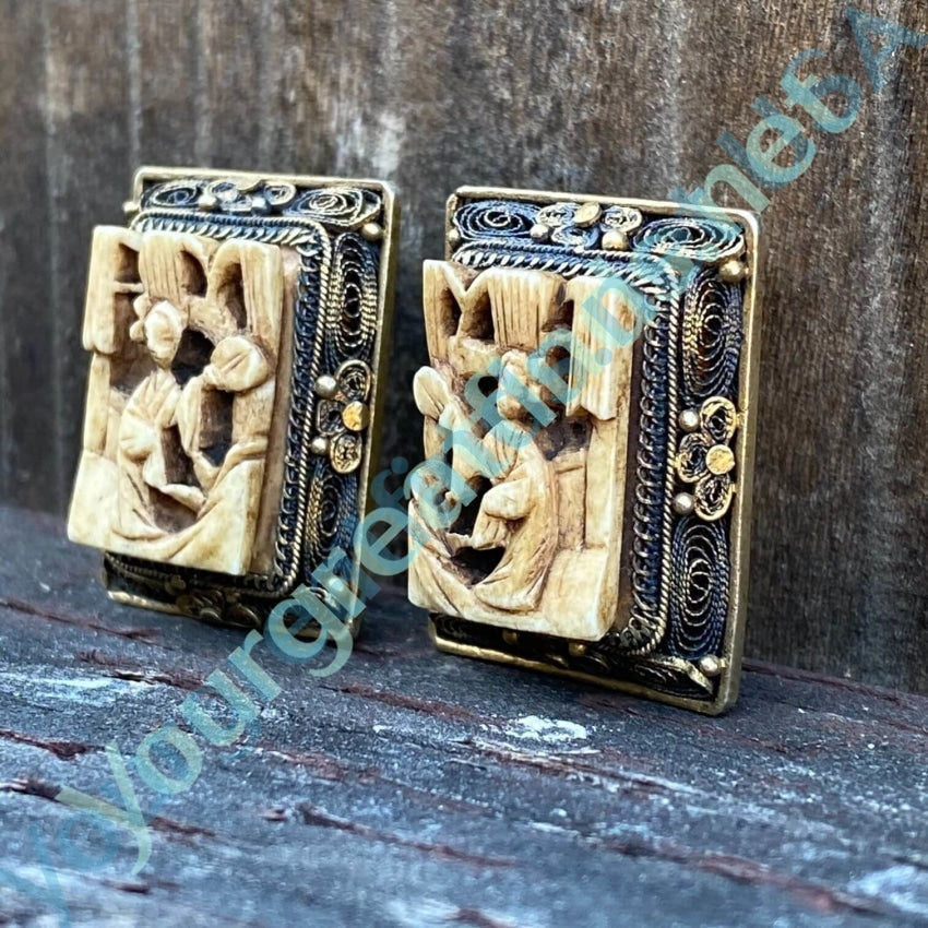 Vintage Hand Carved and Gold Over Silver Filigree Chinese Export Earrings Yourgreatfinds