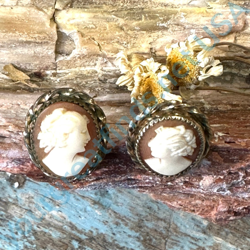 14k Antique Edwardian (1900-1920) Hand Carved Shell good Cameo Earrings