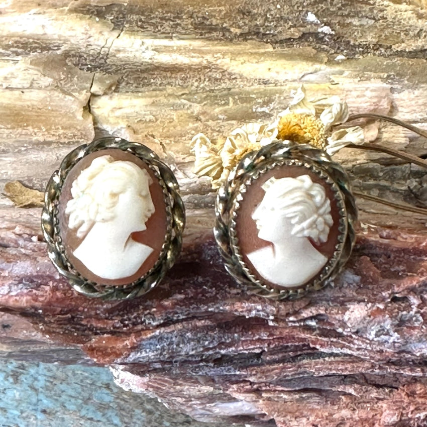 Vintage Hand Carved Shell Cameo Pierced Earrings Gold Filled