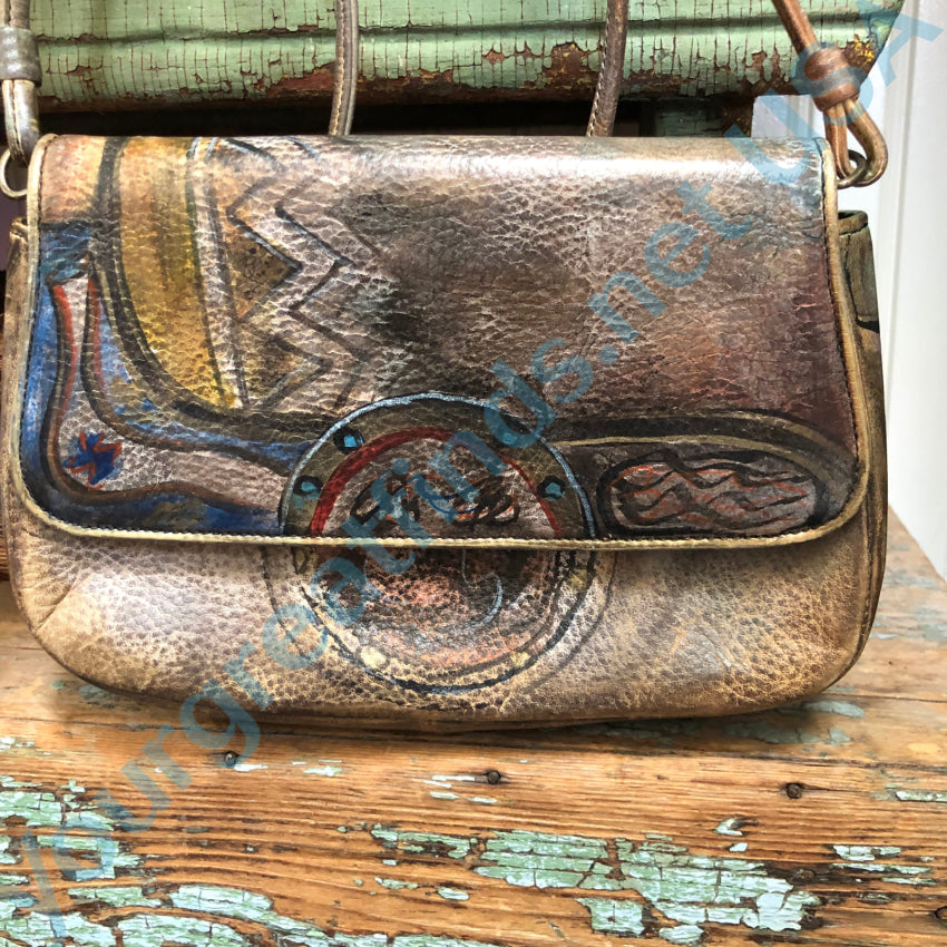 Vintage Hand Painted Leather Crossbody Bag Purse Jane Yoo