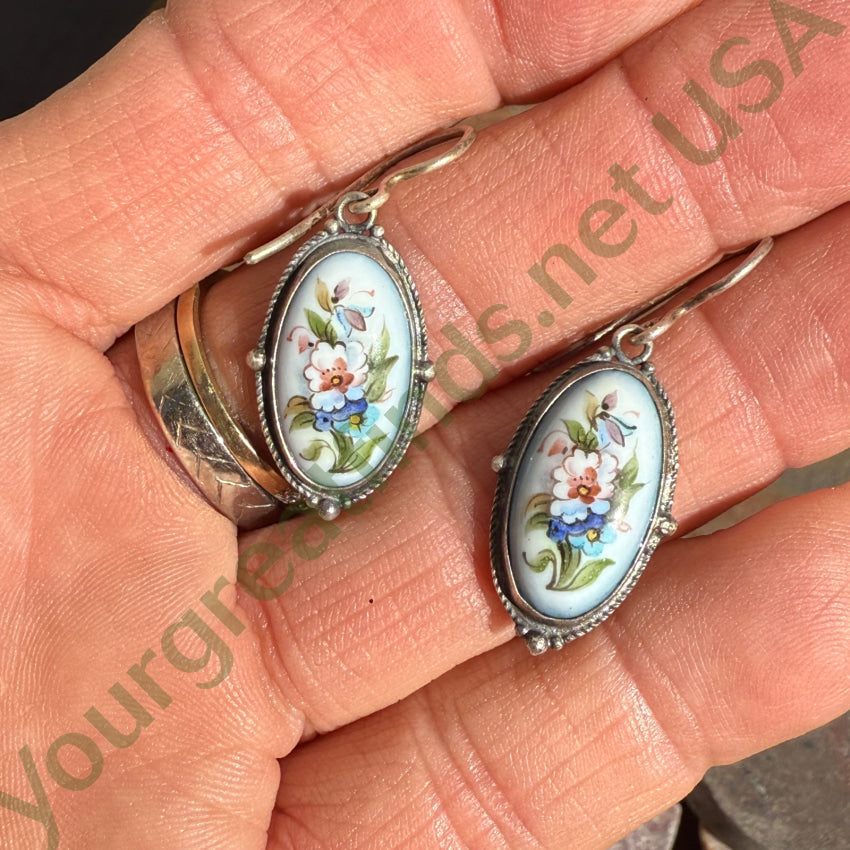 Vintage Hand Painted Porcelain Sterling Silver Pierced Earrings Earrings