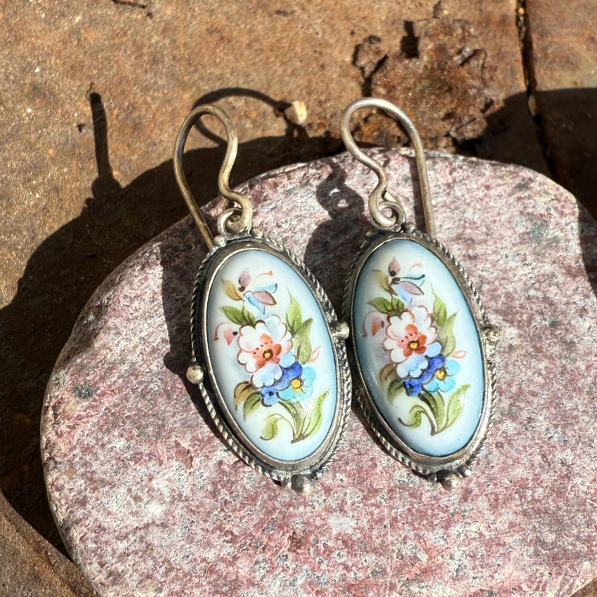 Vintage Hand Painted Porcelain Sterling Silver Pierced Earrings Earrings