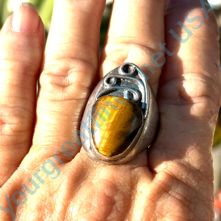 Vintage Hand Wrought Sterling Silver Tiger’s Eye Ring Size 9