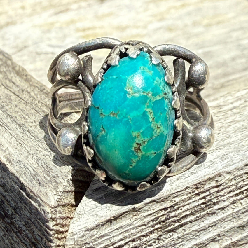 Vintage Handmade Sterling Silver Ring Natural Turquoise 7.25