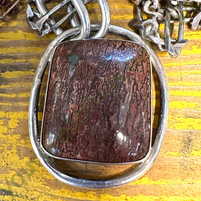 Vintage Heavy 950 Sterling Silver Dinosaur Bone Necklace Lapidario Barrera