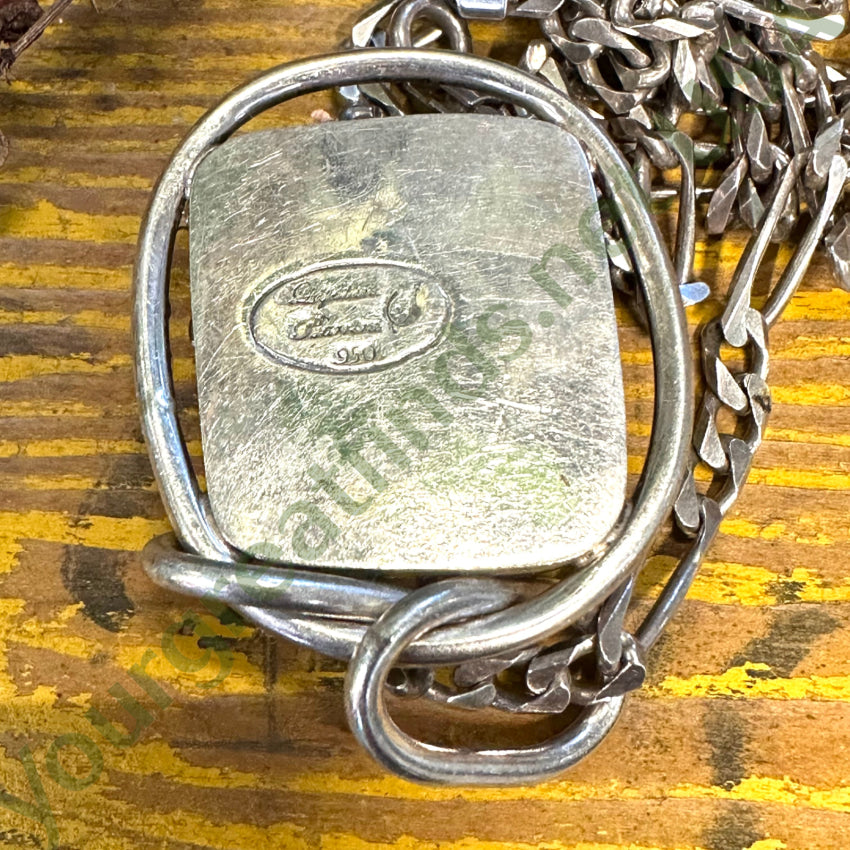 Vintage Heavy 950 Sterling Silver Dinosaur Bone Necklace Lapidario Barrera