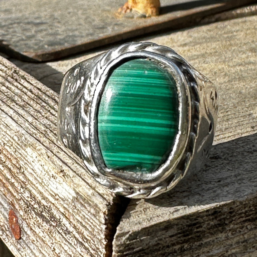 Vintage Heavy Solid Sterling Silver & Malachite Signet Ring 12 Ring