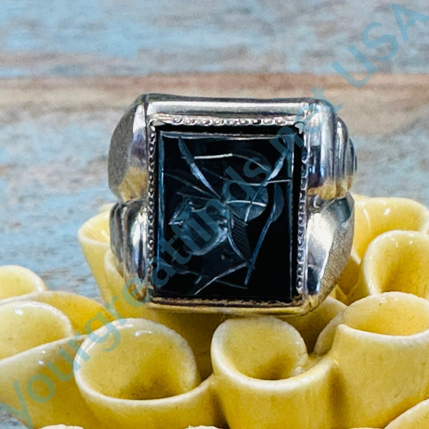 Vintage Hematite Intaglio Signet Ring Sterling Silver Size 5