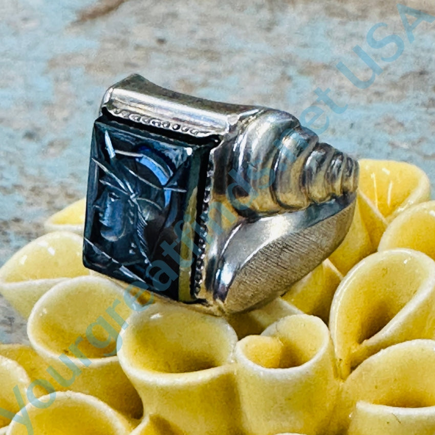 Vintage Hematite Intaglio Signet Ring Sterling Silver Size 5