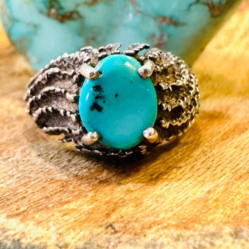 Vintage Highly Textured Sterling Silver Turquoise Ring Size 5.5