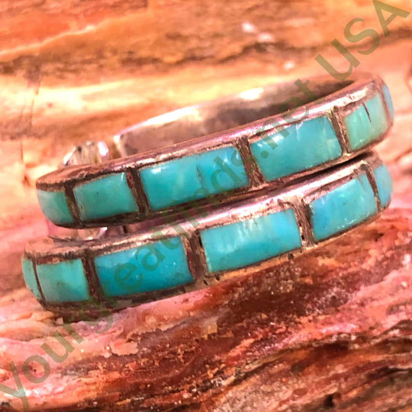 Vintage Hopi Sterling Silver & Inlay Turquoise Hoop Non-Pierced Clip Earrings Pooyama Earrings