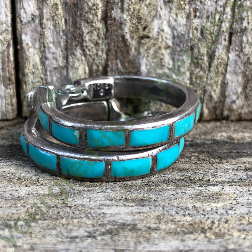 Vintage Hopi Sterling Silver & Inlay Turquoise Hoop Non-Pierced Clip Earrings Pooyama Earrings