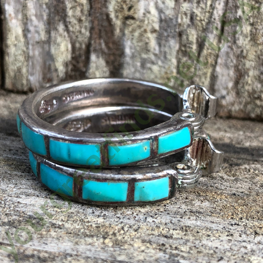 Vintage Hopi Sterling Silver & Inlay Turquoise Hoop Non-Pierced Clip Earrings Pooyama Earrings
