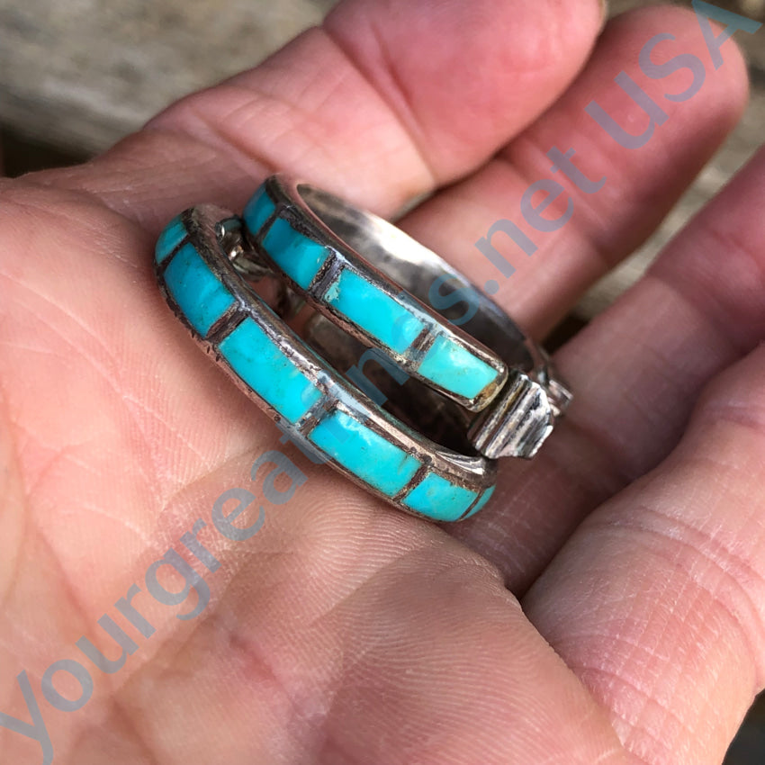 Vintage Hopi Sterling Silver & Inlay Turquoise Hoop Non-Pierced Clip Earrings Pooyama Earrings