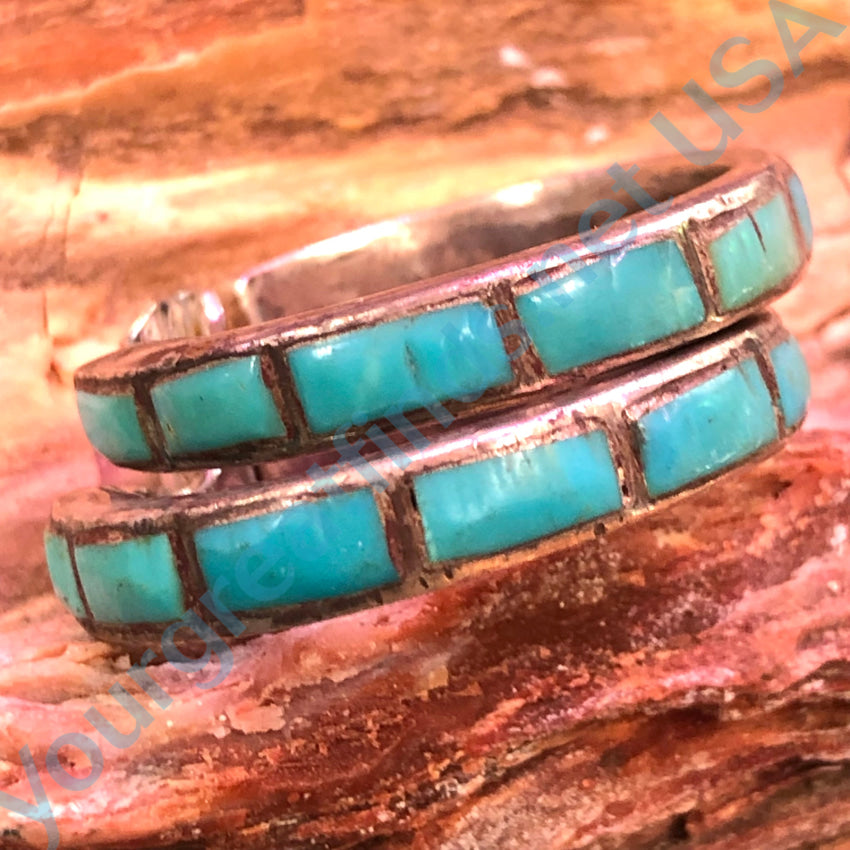 Vintage Hopi Sterling Silver & Inlay Turquoise Hoop Non-Pierced Clip Earrings Pooyama Earrings