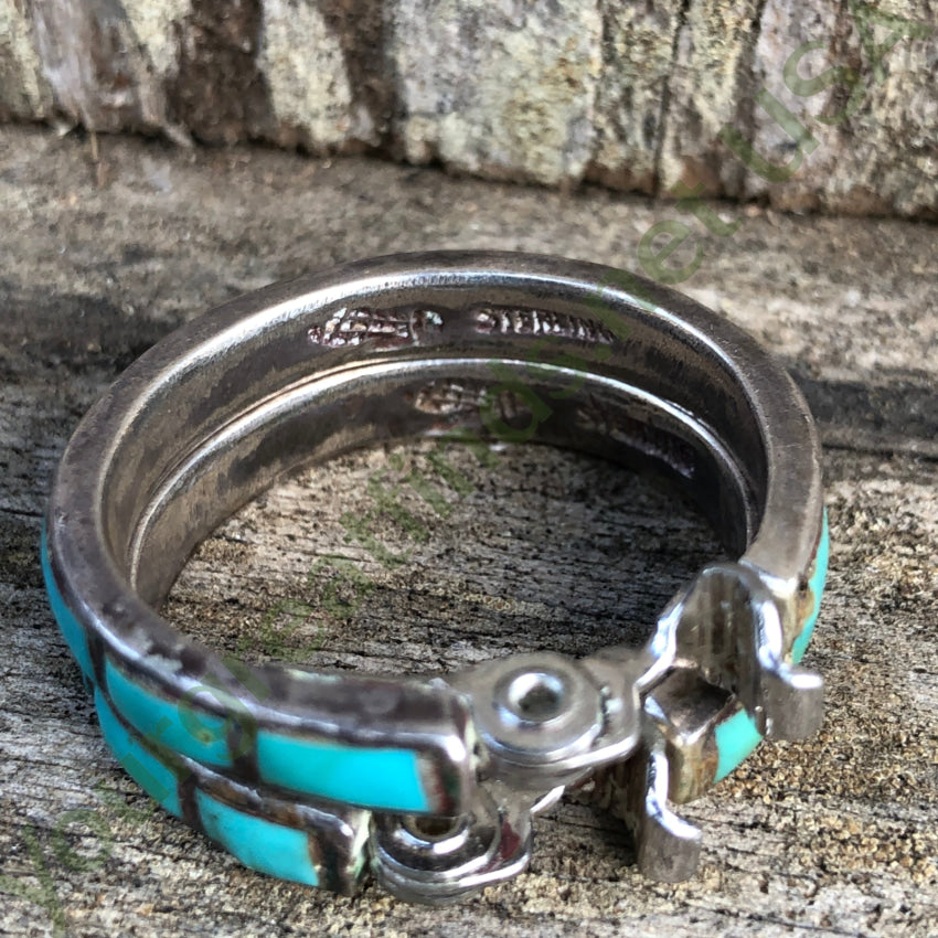 Vintage Hopi Sterling Silver & Inlay Turquoise Hoop Non-Pierced