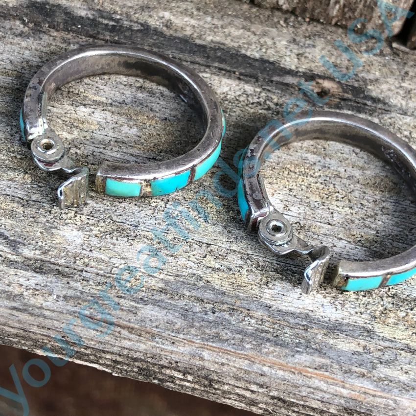 Vintage Hopi Sterling Silver & Inlay Turquoise Hoop Non-Pierced Clip Earrings Pooyama Earrings