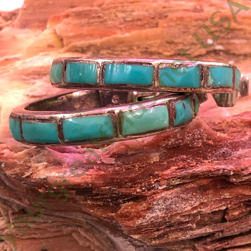 Vintage Hopi Sterling Silver & Inlay Turquoise Hoop Non-Pierced Clip Earrings Pooyama Earrings