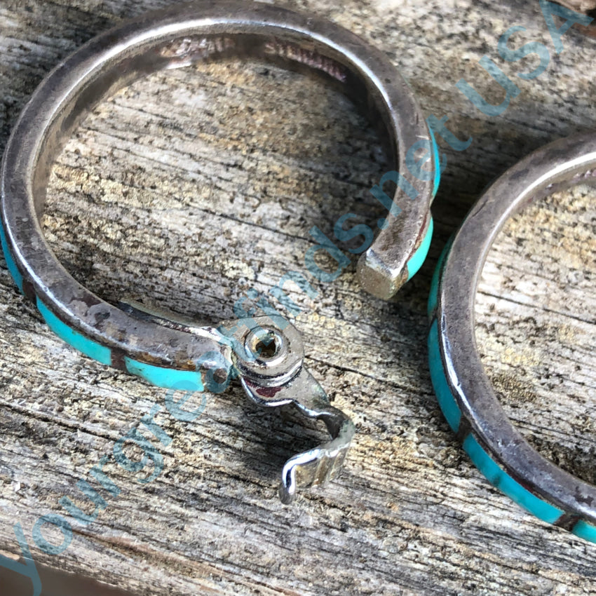 Vintage Hopi Sterling Silver & Inlay Turquoise Hoop Non-Pierced Clip Earrings Pooyama Earrings