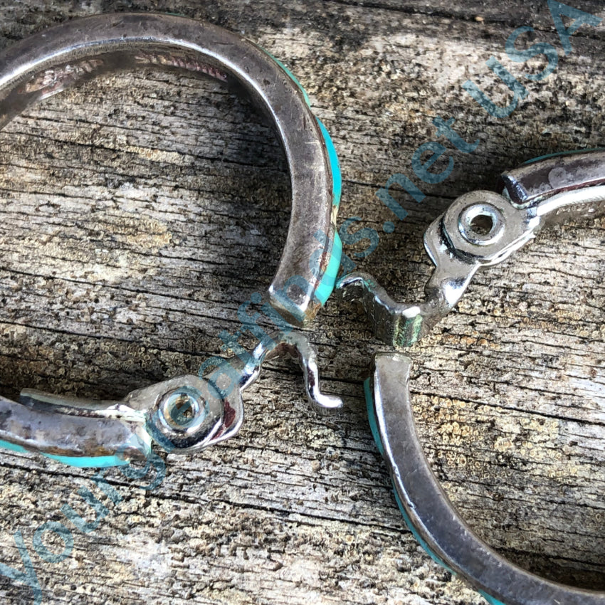 Vintage Hopi Sterling Silver & Inlay Turquoise Hoop Non-Pierced Clip Earrings Pooyama Earrings