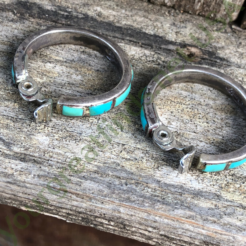 Vintage Hopi Sterling Silver & Inlay Turquoise Hoop Non-Pierced Clip Earrings Pooyama Earrings